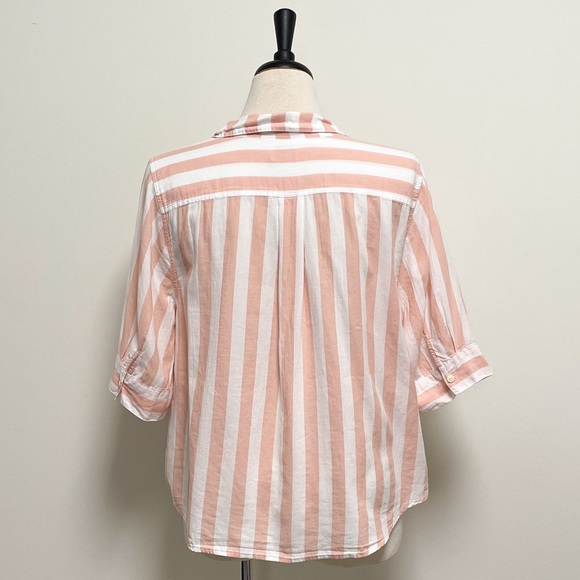 J Crew Peach White Stripe V Neck Button Down 1/2 Sleeve Blouse XL Cotton Collar - Picture 7 of 9